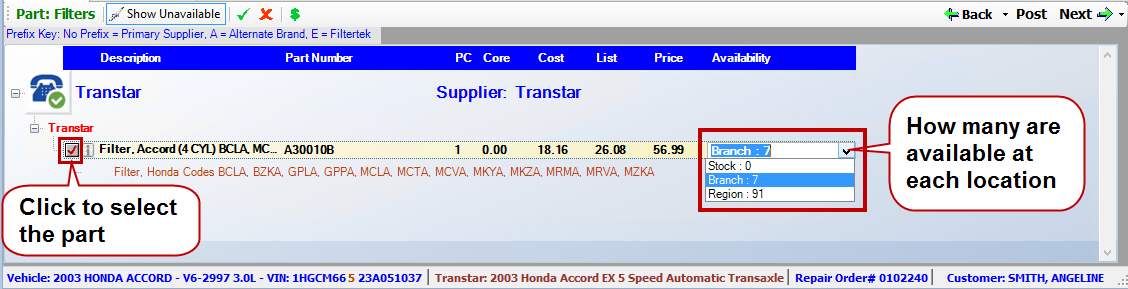 Catalog search results with a transtar part selected and the availability dropdown list expanded.